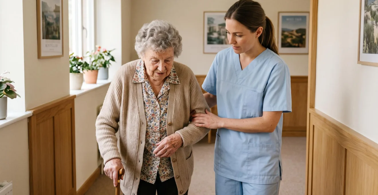 Aide-soignante accompagnant une personne âgée lors d'un exercice de mobilité dans un établissement médico-social