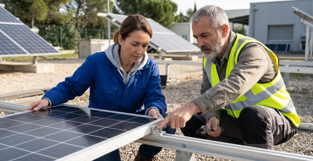 Formateur montrant à un apprenant comment installer un panneau solaire photovoltaïque lors d'une formation professionnelle pratique