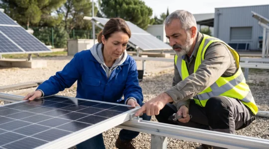 Formateur montrant à un apprenant comment installer un panneau solaire photovoltaïque lors d'une formation professionnelle pratique