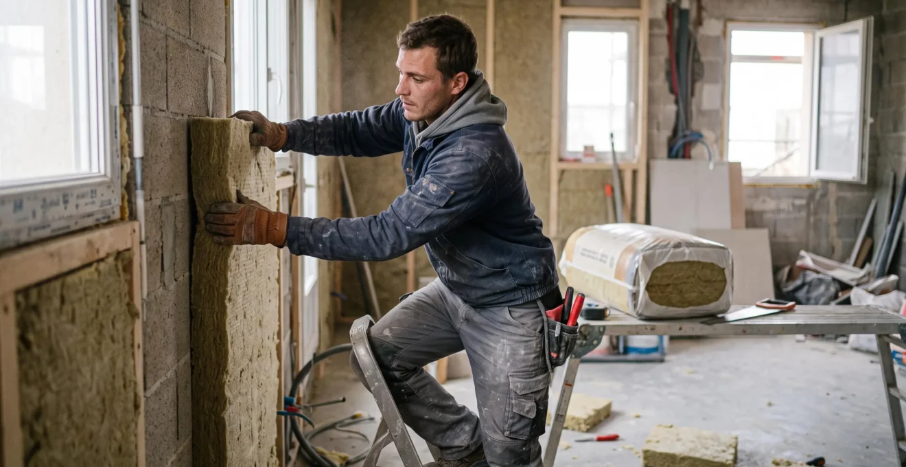Technicien posant de l'isolation thermique sur un mur lors d'une formation aux métiers de la rénovation énergétique